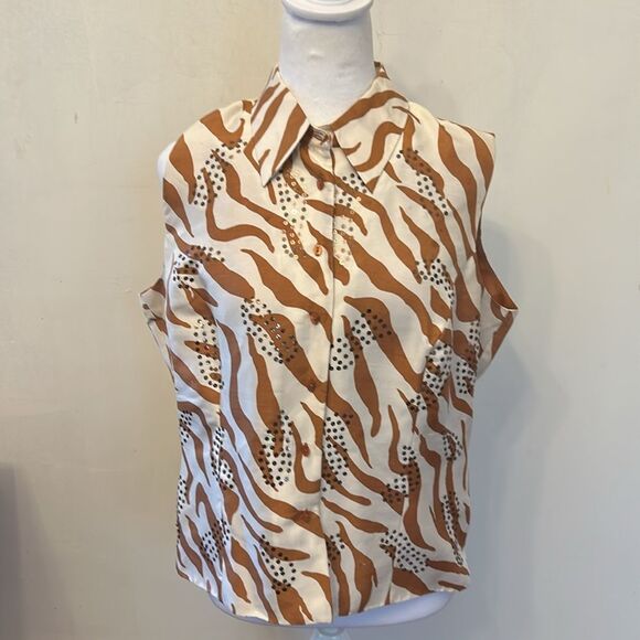 ICE Brown and White Button front Collared Sleeveless Blouse Size L EUC - Picture 2 of 9
